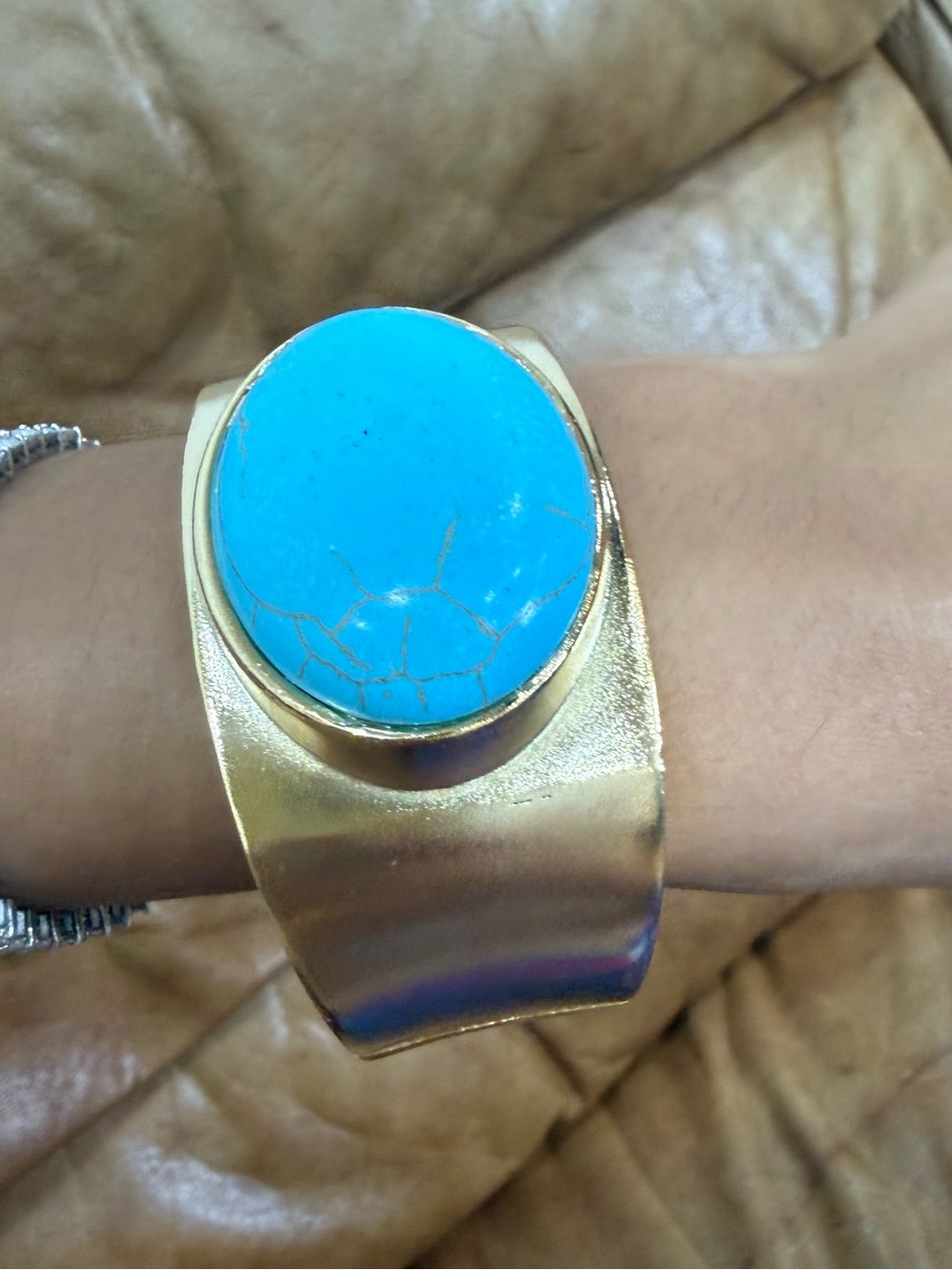Gold-Tone Cuff Bracelet with Bright Turquoise Stone